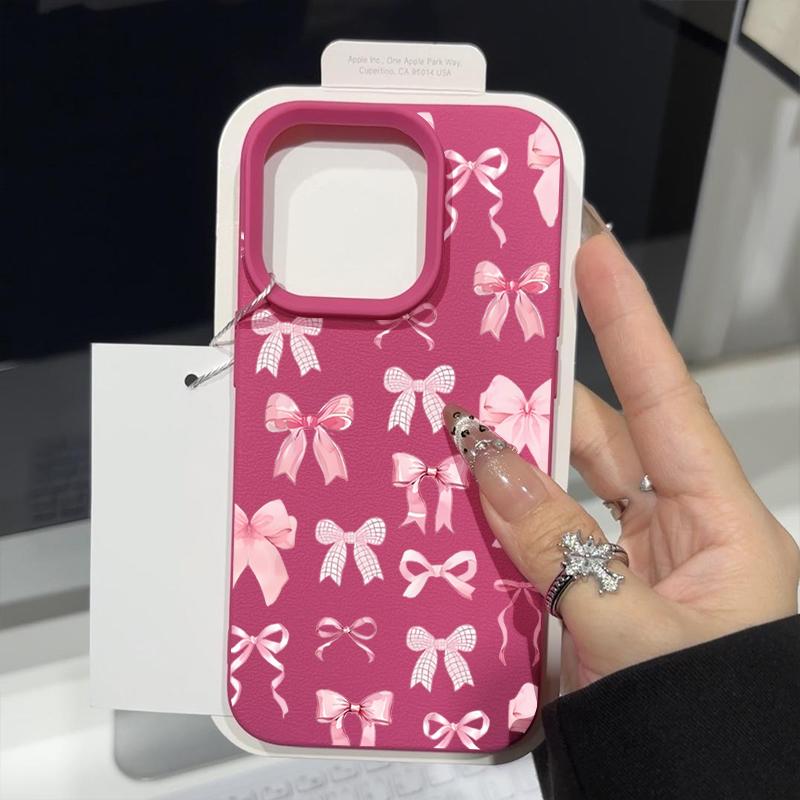 Мягкий чехол из ТПУ с текстурой из кожи для iPhone 16 Pro Max 15 Pro 14 13 12 11 с розовым бантом и узором, противоударный матовый чехол-бампер
