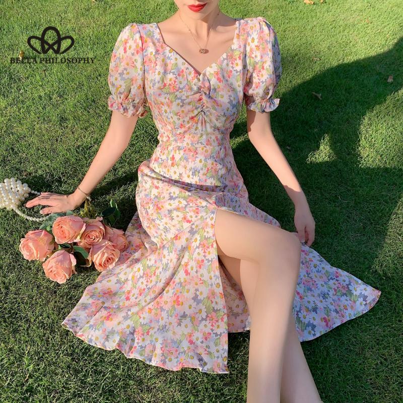 Французское элегантное платье, тонкое, летнее, с v-образным вырезом, повседневное, с короткими рукавами-фонариками, шикарное цельное платье с цветочным принтом в корейском стиле, шикарное.