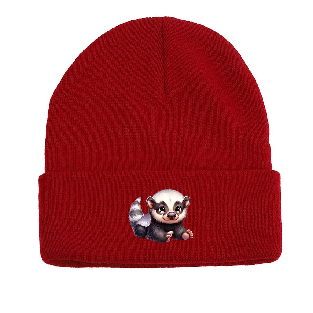 White Head Badger Print Knitted Cap Beanie, Animal Skull Cap Cuff Fit Stylish Bobble Hat Knit Hat Beanie