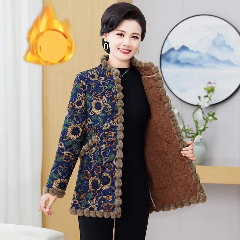 Women's Winter Stand Collar Single-breasted Thickened Jacket Middle-aged Warm Parkas