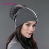 Winter Real Fur Pom Pom Hat for Women Wool Knitted Thick Warm Hats