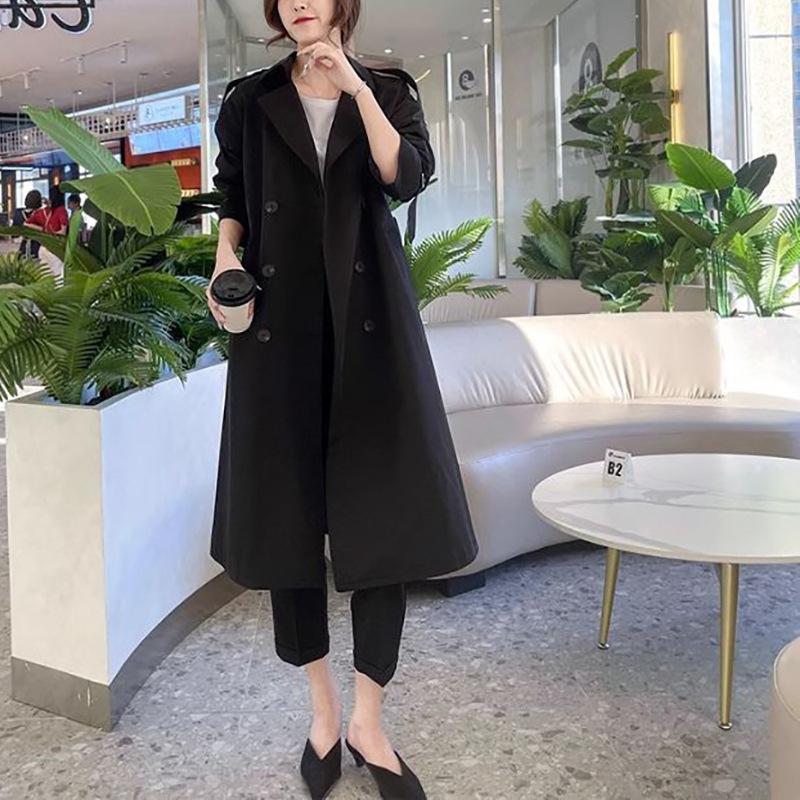 Женский тренч однотонный средней длины Маленький Обновленный Весна и Осень Осенний Корейский Пальто