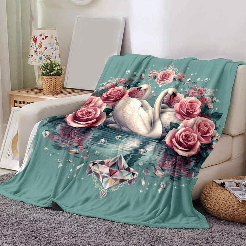 1pc Swan Printing Lightweight Flannel Blanket, Comfortable and Warm Blanket, for Camping Sofa Bed and Couch Office, Suitable for Gift Blanket