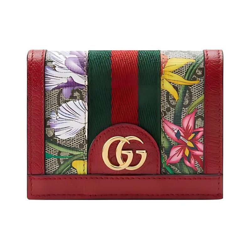 Gucci Ophidia floral print presbyopia logo striped webbing short flap canvas patchwork wallet card holder women's ebony/red/color