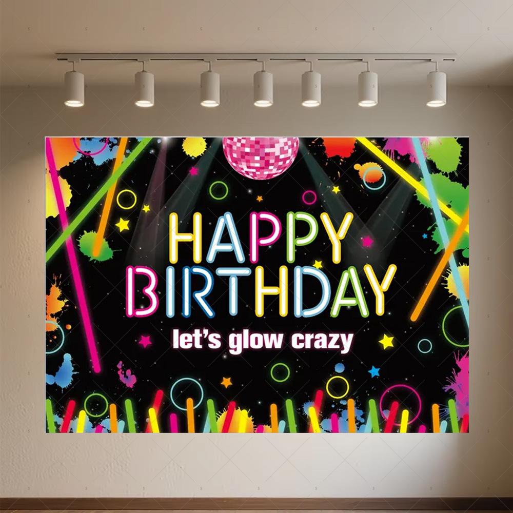 Glitter Happy Birthday Background Banner Glow Neon Dance Carnival Party Decorations Colourful Backdrop Supplies Photography Prop