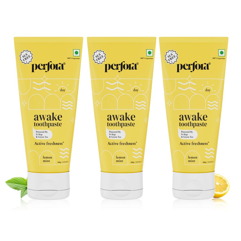 Perfora Awake Зубная паста - Лимон-Мята, 300г (3x 100г) | Активная свежесть Защита от кариеса | Обогащенная витаминами Зубная паста без SLS и фтора |N-Ha