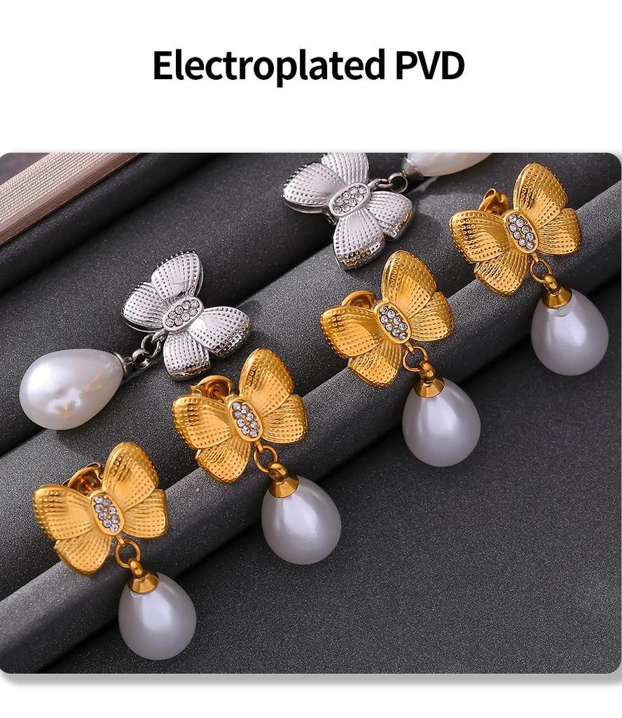 Korean Style Diamond Bow Tassel Faux Pearl Earrings - Women's 18k Gold-Plated Titanium Steel Fashion.