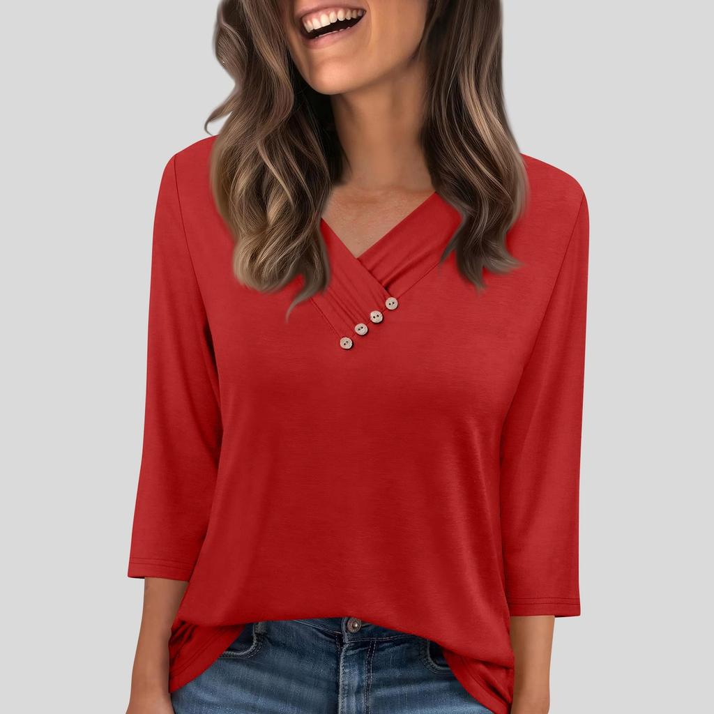 Женская футболка, футболка, пуговица, рукав 3/4, туника, повседневная, для выходных, модная, базовая, с V-образным вырезом, обычный топ