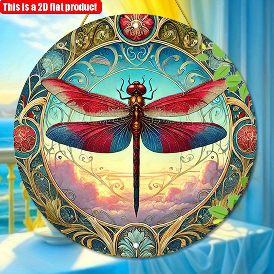 2D Flat 20*20cm 1pc Vintage Bright-coloured Dragonfly Sign Round Wall Deco, Dragonfly Theme Wooden Gift For Women, Room Decor Aesthetic Entrance Decor