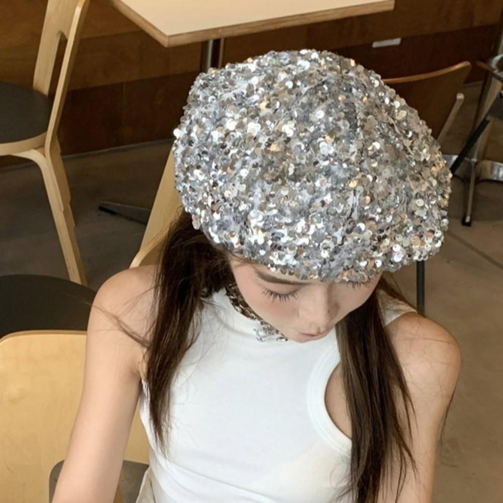 Everyday Retro Glitter Sequin Beret Trendy Casual Style Fashion Painter Hat Chic Design Sparkling Lady Octagonal Cap Daily