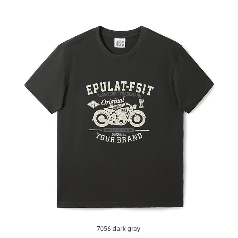 Retro Motorcycle Short-Sleeved T-Shirt for Men, Summer Trendy Brand Pure Cotton Base Shirt, Foreign Trade Men's Clothing, All-Cotton Printed T-Shirt