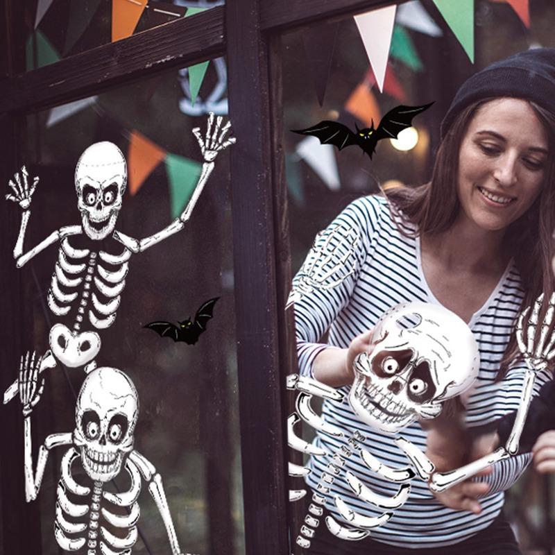 Набор из 4 наклеек на окна 'Скелеты на Хэллоуин', статичные ПВХ наклейки-декали для украшения Хэллоуинской вечеринки, многоразовое украшение для окон и стен