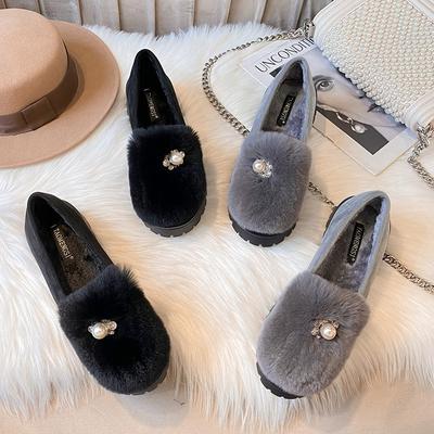 T552025 Обувь Мао Мао женская зимняя, велюровые туфли, из натурального кроличьего меха, хлопковые туфли-однопедальки женские