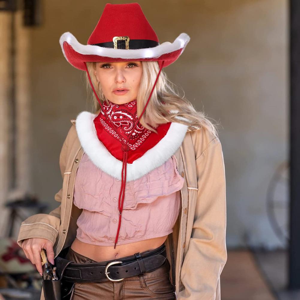 Модные рождественские ковбойские шляпы со светодиодной подсветкой из красного бархата и белых перьев, шляпа Санты для женщин и девочек, тиара для косплея, новогодний декор для вечеринки