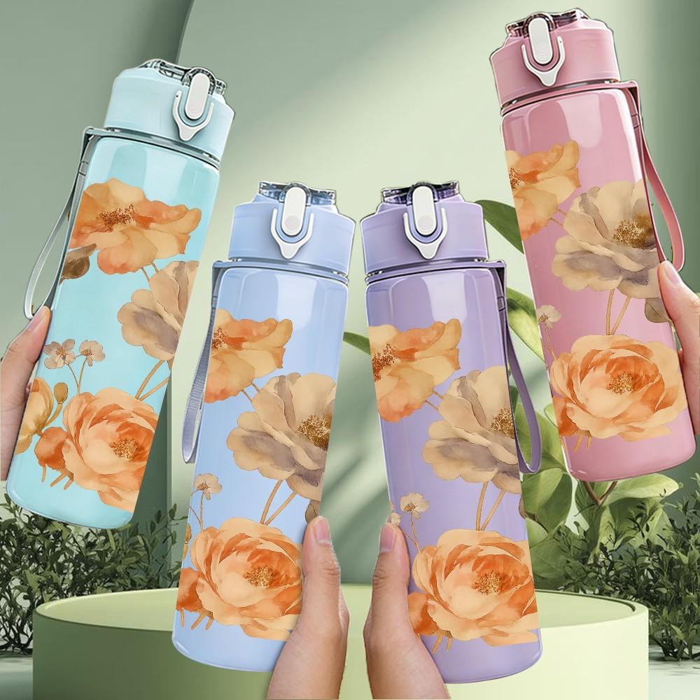 1PC Vintage Brown Rose Floral Print 750ml Color Plastic Sports Water Bottle Leakproof Flip Straw Lid Suitable for Sports Office Home Use