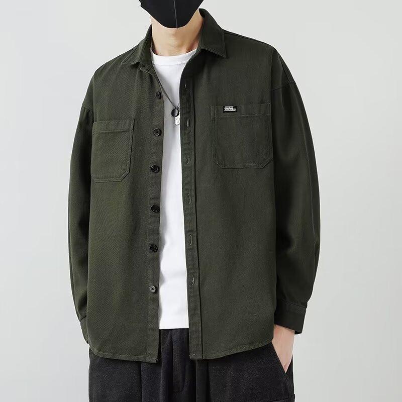 Весенне-летняя хлопковая рубашка с длинными рукавами, мужская свободная модная американская куртка с лацканами, карманы, рубашка, верхняя одежда, топы
