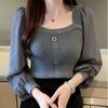 Femme Spring Fashion Square Neck Solid Tops Patchwork Long Sleeve Sweater Women Knitted Pullovers Woman Clothes
