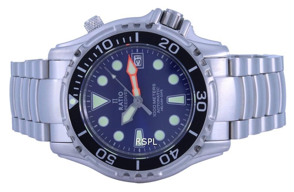 RATIO FreeDiver Helium Safe 1000M автоматические мужские часы из нержавеющей стали с синим циферблатом 1066KE26-33VA-BLU