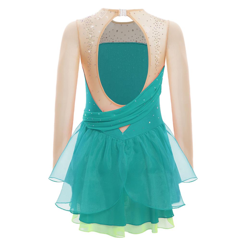 Костюм для фигурного катания для девочек, лирическое балетное танцевальное платье с вырезом на спине, блестящие стразы, современная лирическая танцевальная одежда
