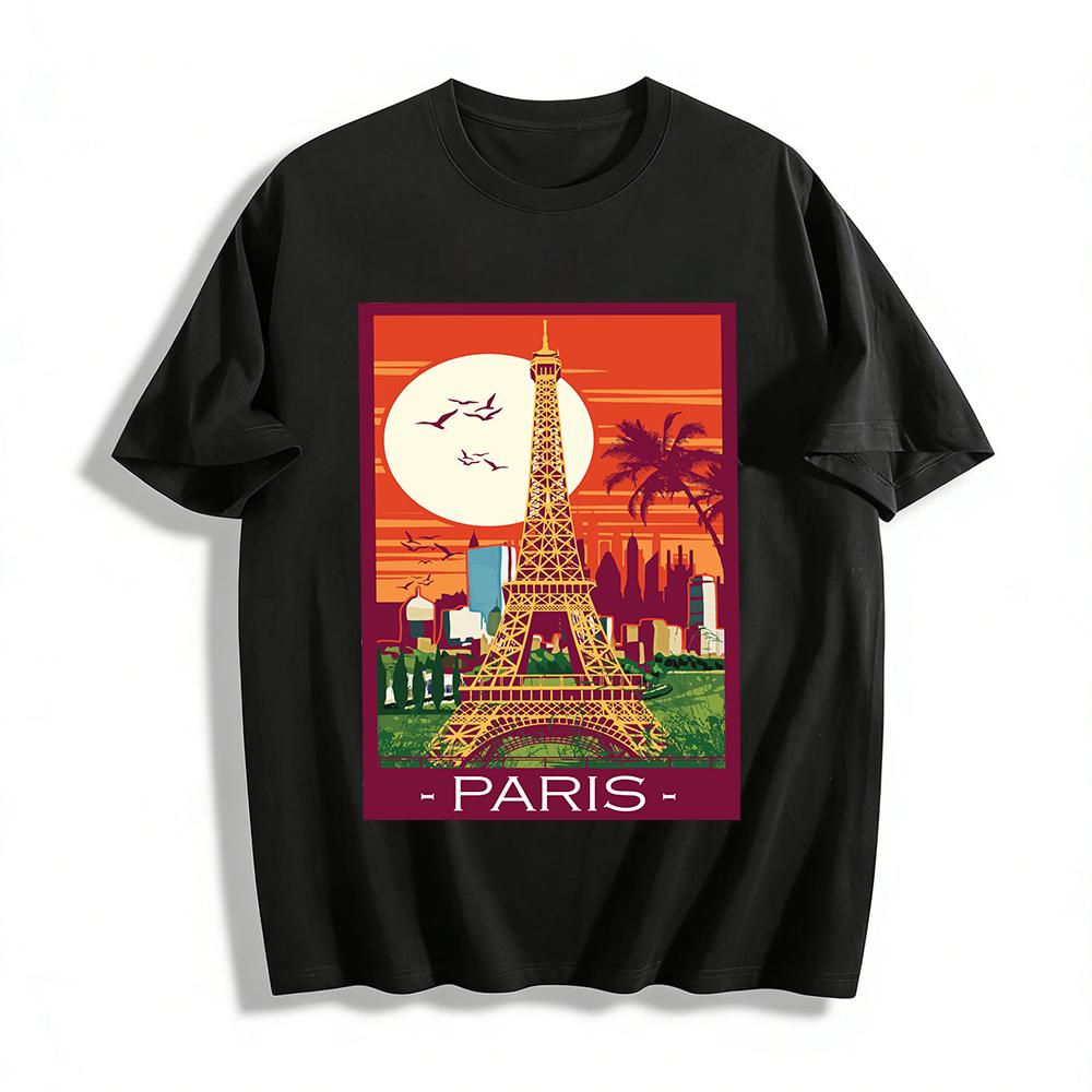 Vintage Paris Eiffel Tower City Print Casual T-Shirt Pure cotton T-shirt