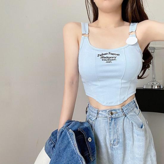 Women Summer Camisole Letter Embroidery Backless Stretchy Solid Color Sleeveless Short Dating Club Prty