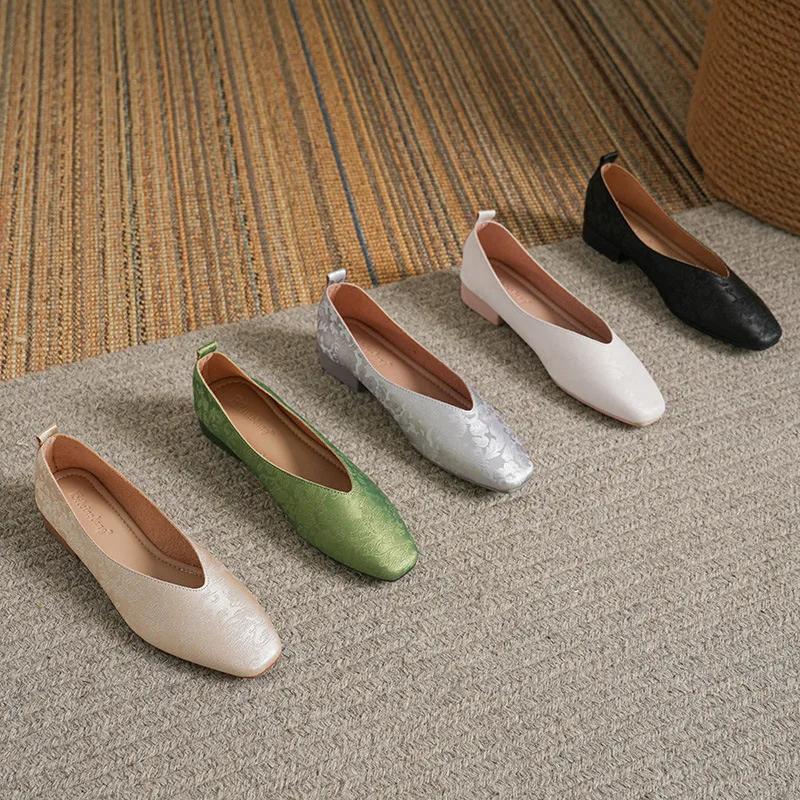 Fashion Woman Fashion Summer Square Toe Gold Green Flats Elegant Female Printing Texture Casual Buckle Mary Jane Shoes Big Size 34-43