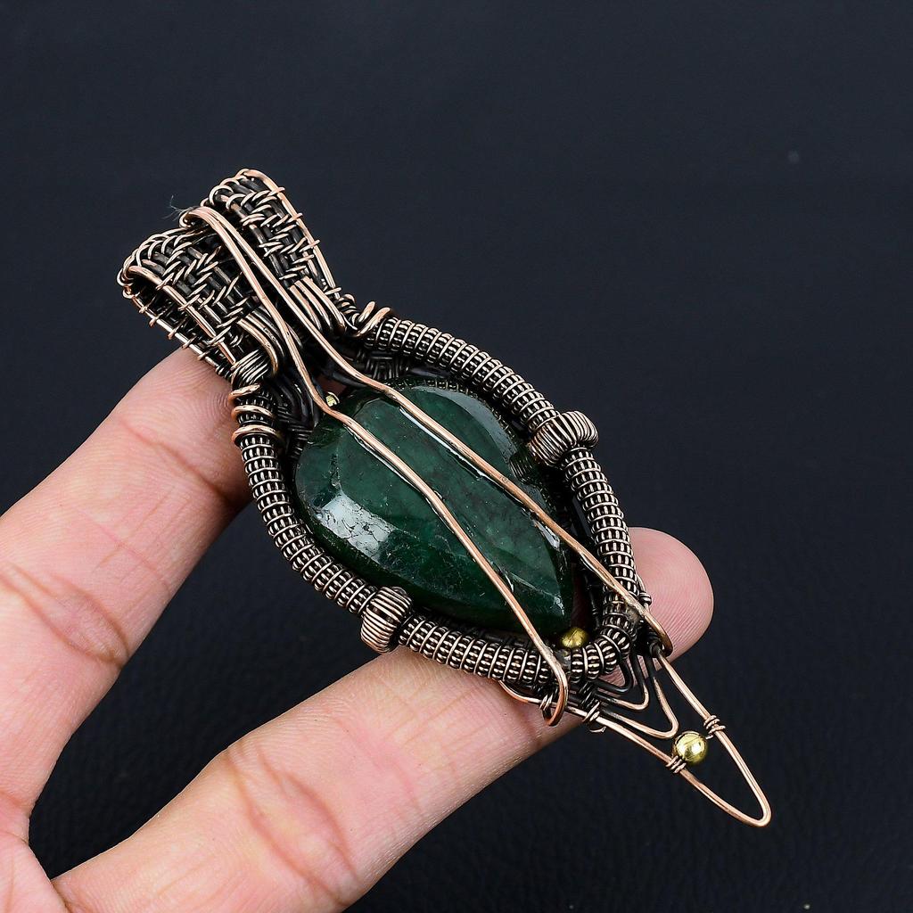 Lab-Created Emerald Gemstone Jewelry Pure Copper Wire Wrapped Handmade Pendant For Gift