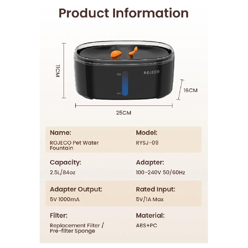 ROJECO Automatic Cat Water Fountain 2.5L Water Dispenser For Multiple Pets Smart Fountain Drinker For Pet Cat Kitten Dual Bowls