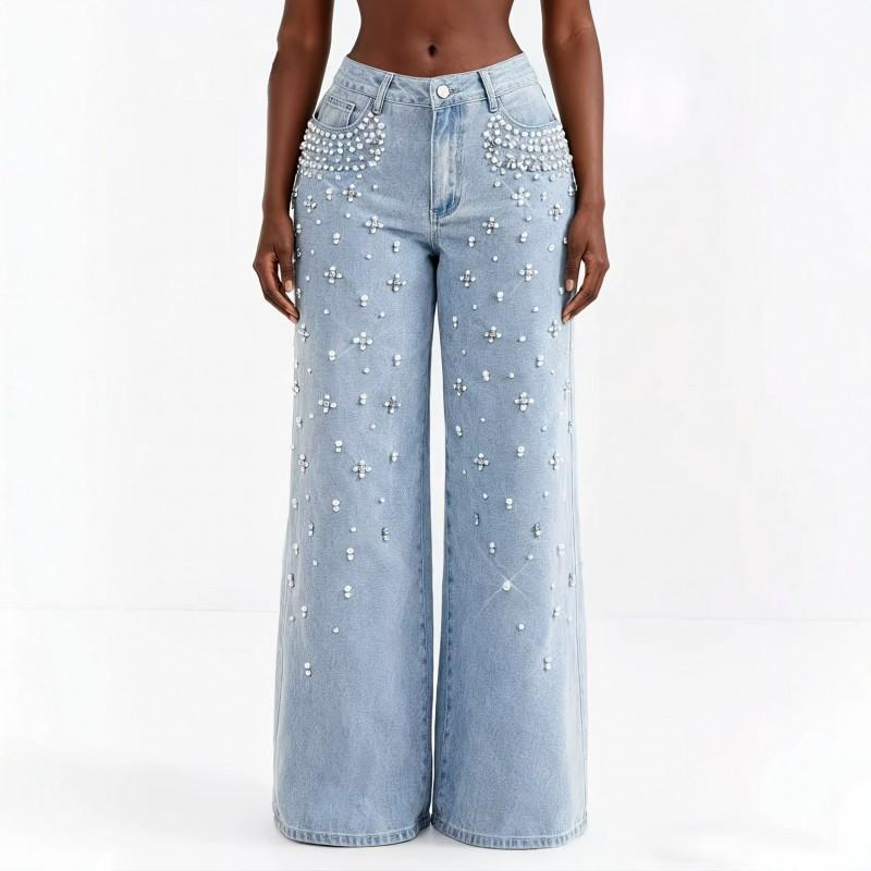 Womens High Waist Wide Leg Jeans Handmade Rhinestone Pearl Beaded Loose Denim Trousers
