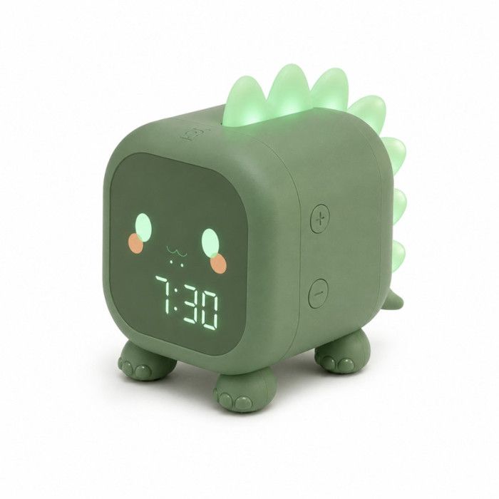 Réveil enfant - SHOP-STORY - Réveil Veilleuse Dino Vert - Veilleuse LED - Double alarme - Batterie rechargeable 15 jours