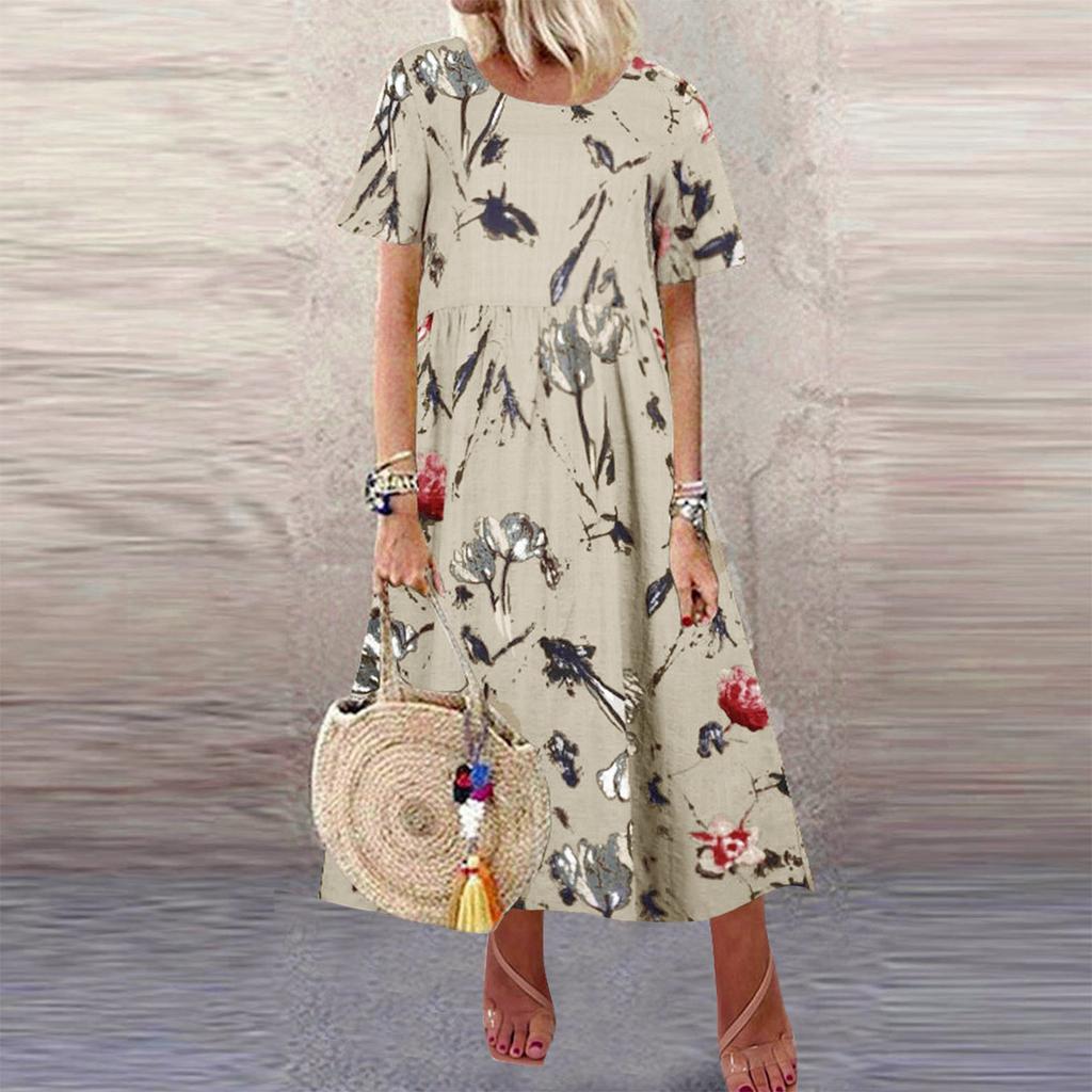 Модное женское повседневное винтажное свободное платье с круглым вырезом и коротким рукавом