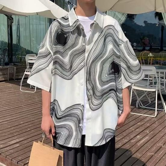 Летняя мужская рубашка в стиле ретро с абстрактным принтом и половиной рукавов в стиле хип-хоп, свободный контрастный цвет, однобортный отложной воротник, быстросохнущий мягкий дышащий топ