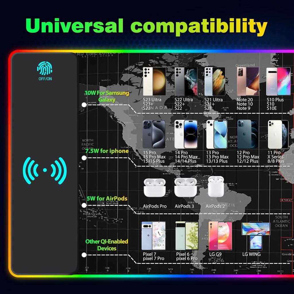 AIMSA Wireless Charging RGB Gaming Mouse Pad 15W, Extended LED Desk Mat Protector 800x300x4MM, 14 Light Modes Extra Large Mousepad Non-Slip Rubber