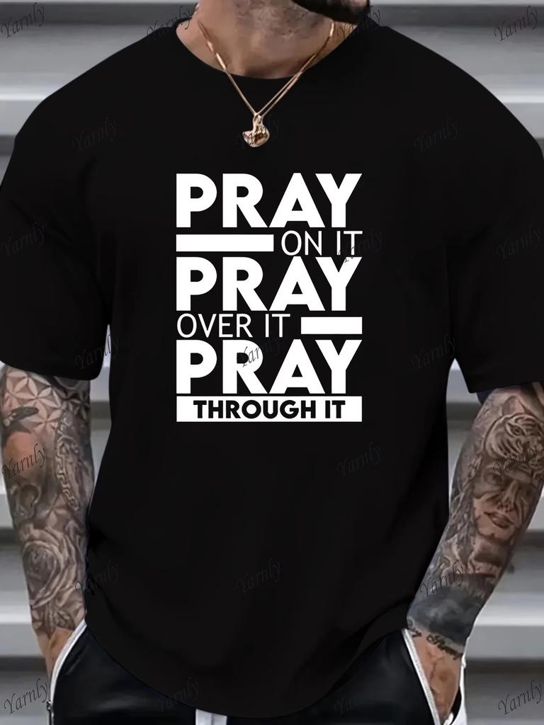 Men'S PRAY Graphic Retro Design T-Shirt, Regular Fit with Round Neck, Durable An