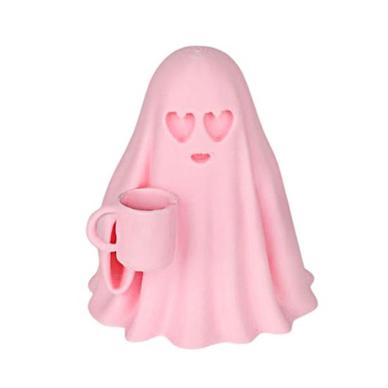 Halloween Ghost Figurine Cute Pink Ghost Holding Moon Statue Resin