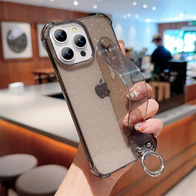 Роскошный прозрачный чехол с блестками и ремешком на запястье для iPhone 11 12 13 14 15 16 Pro Max XR X XS 7 8 Plus, силиконовый мягкий противоударный чехол