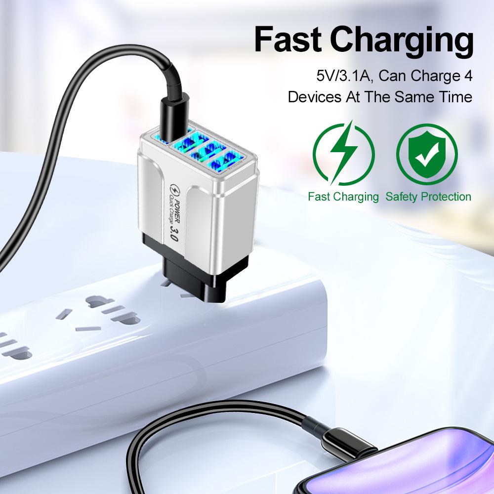 QC3.0 4-Port USB Rapid Charger for EU/UK/AU Plugs - Multi-Device Fast Charging