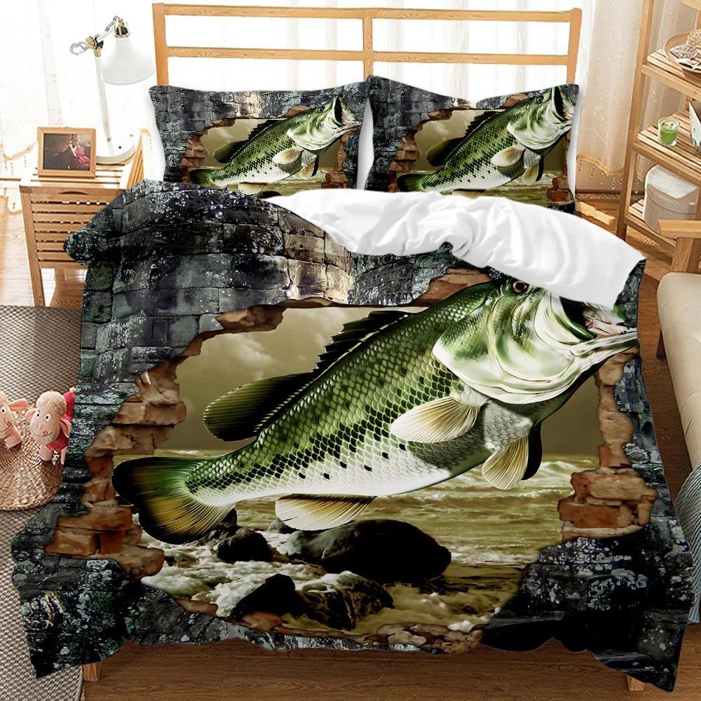 3D Printed Big Pike Fishing Hunting Bedding Set Fishing Duvet Cover Double Twin Full Queen King Adult Kids Bedclothes Quilt Cove
