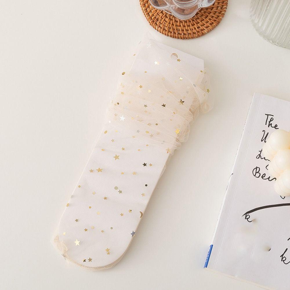 5Pairs Star Moon Tulle Shiny Socks Mid-calf Mesh Tube Socks Women Cute Transparent Bow Socks Girl