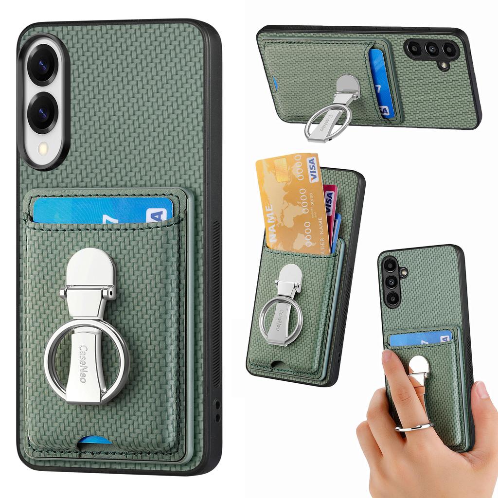 For Samsung Galaxy S25 Edge Leather Phone Back Cover with Kickstand and Card Slots Carbon Fiber Texture