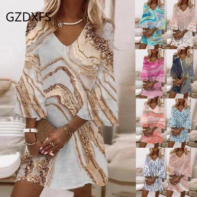 Gzdxfs ~ 2022 Свежее женское платье с v-образным вырезом и рукавами 3/4 со свежим принтом