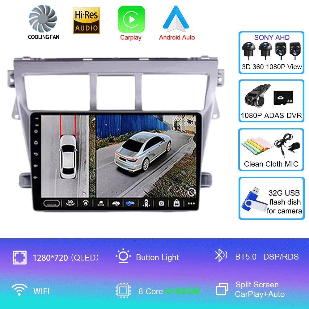 Для Toyota Vios Yaris 2007 2008 - 2012 9-дюймовый автомобильный стерео радио мультимедийный видеоплеер Android 14 Auto Carplay GPS навигация