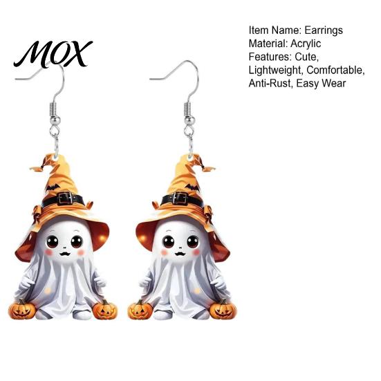 Soft Wizard Hat Earrings 1 Pair Halloween Cute Ghost Earrings, Acrylic Dangle with Witch Holiday Themed Jewelry Pumpkin Bat, Anti-Rust Metal