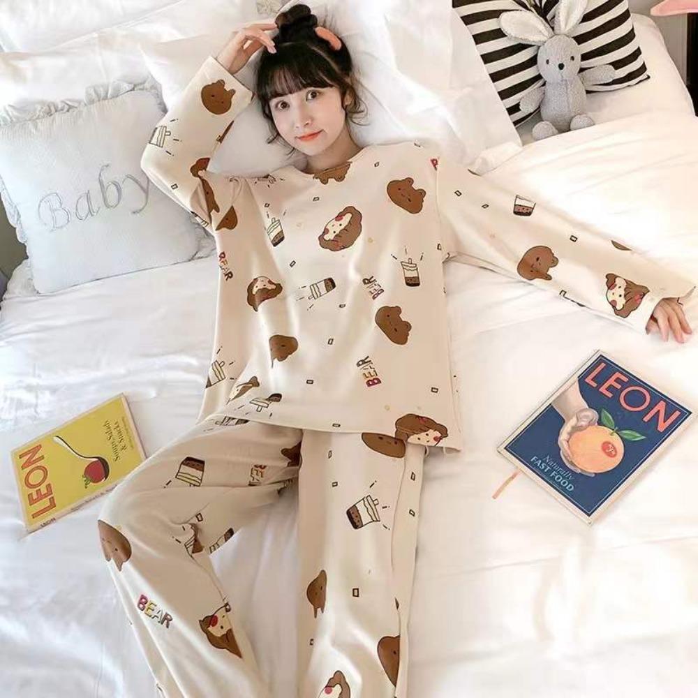 Cartoon Cute Patterned Long Sleeved Pajamas Set Female Spring Sleepwear Comfortable Cotton Round Neck Pajamas