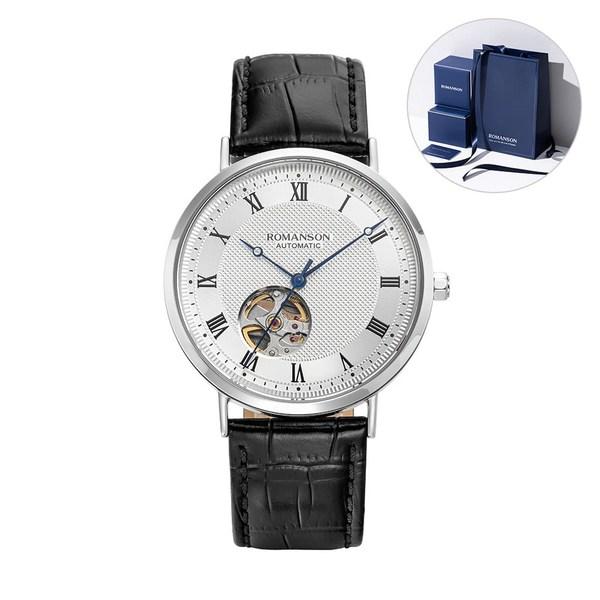 Romanson Черные кожаные часы Kairos Classic Open Heart RWTLRM1B2400WHSI2 + подарочный пакет