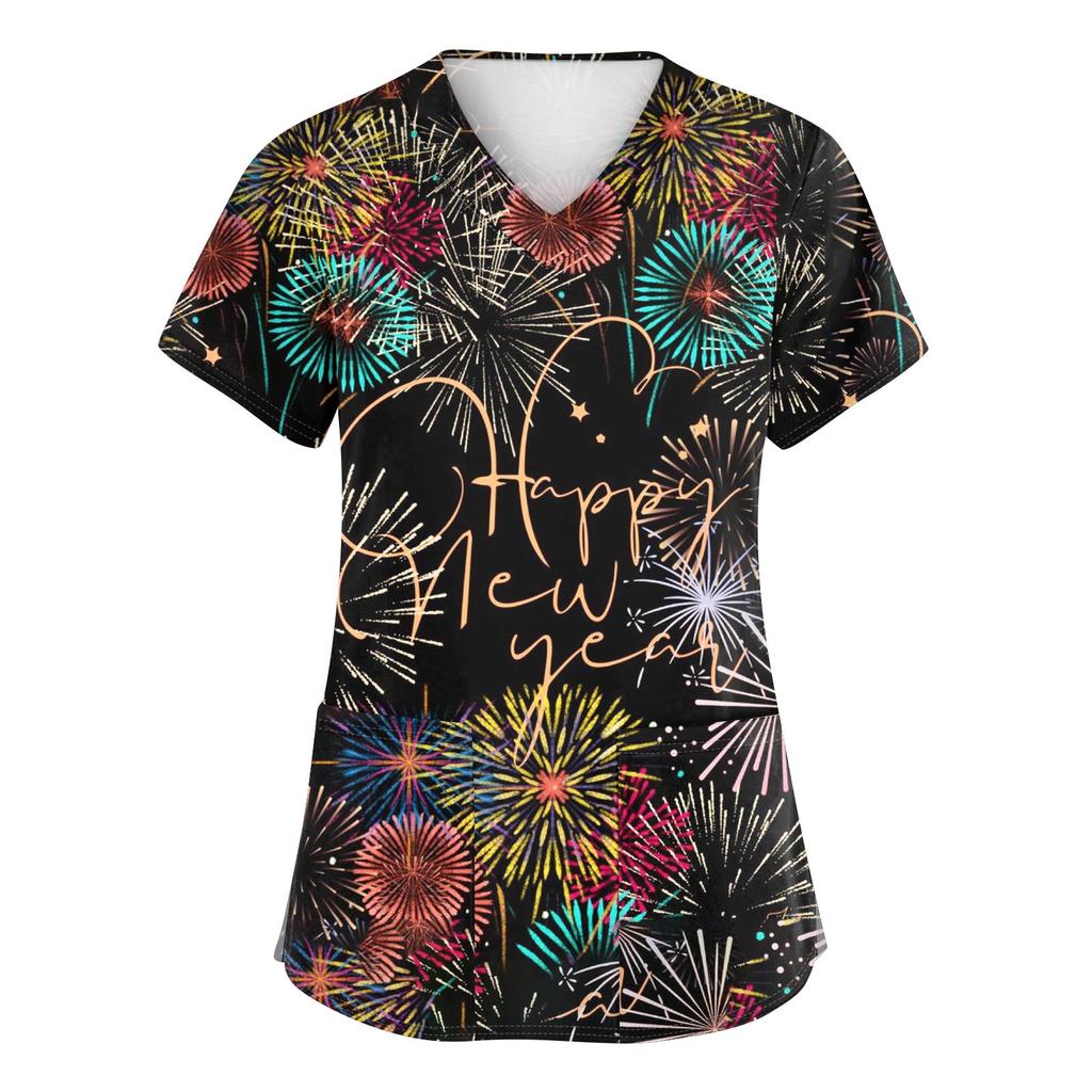 Женские модные топы с короткими рукавами и V-образным вырезом с принтом, рабочие футболки с карманами