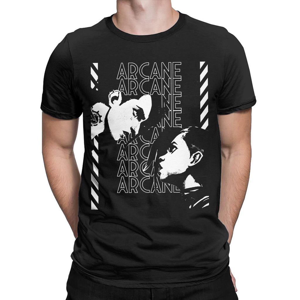 Crazy Arcane Poster Jinx Vi Sister T-Shirt for Men Crewneck Cotton T Shirts Anime Game Short Sleeve Tees Plus Size Merch