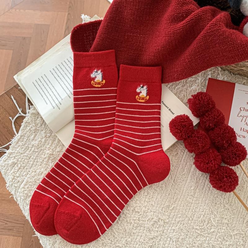 "Year Of The Horse Wealth" Big Red Socks Combed Cotton Socks Peace And Joy New Year'S Socks