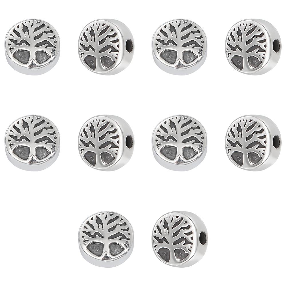 1box 10pcs Retro 304 Stainless Steel Beads Flat Round with Tree of Life Antique Silver 10x5.5mm Hole: 2mm