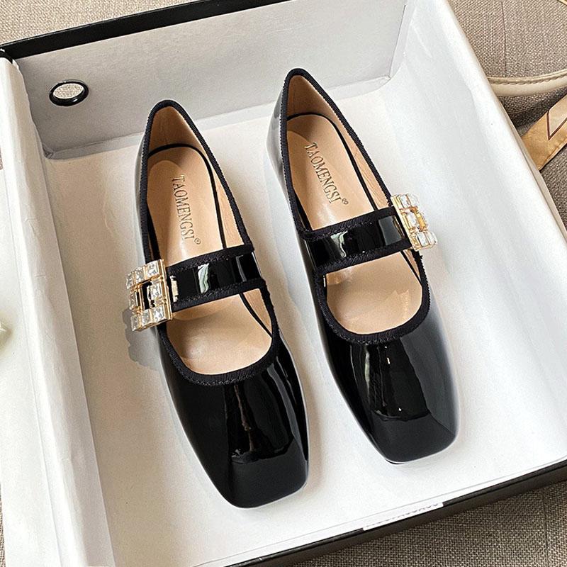 Женские туфли Мэри Джейн, мягкие балетки, черные бархатные лакированные туфли, туфли со стразами и квадратной пряжкой на ремешке, женские рабочие туфли